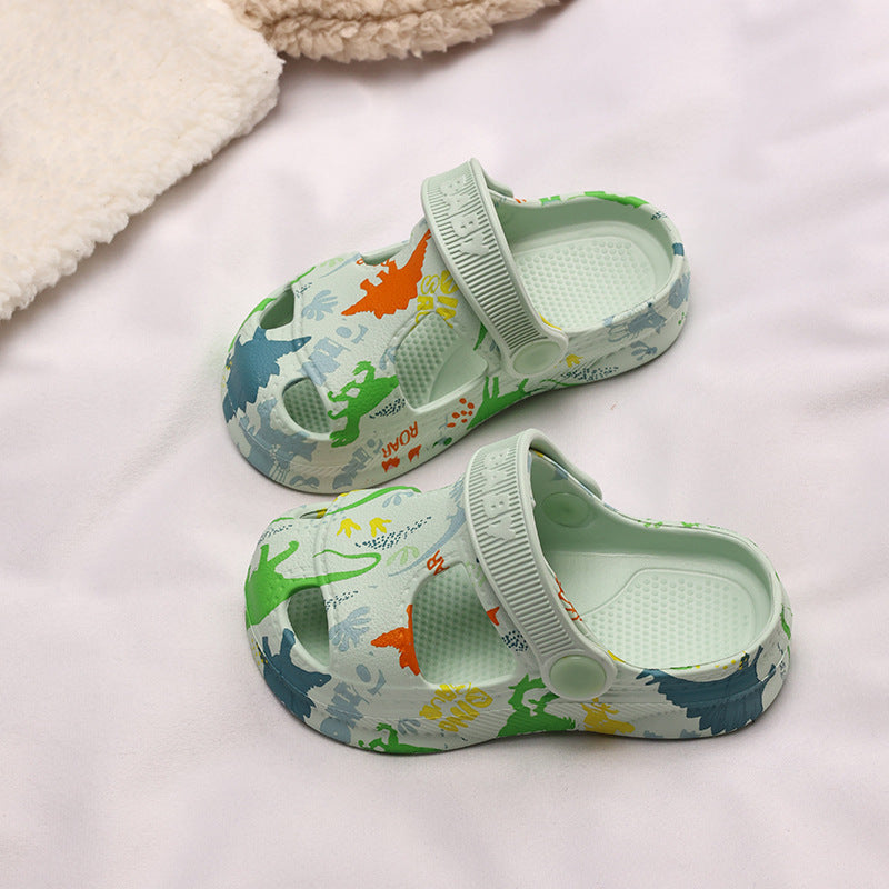 Dinosaur print thick-sole anti-collision kids clogs in multiple colours by Bunnie & Minnie