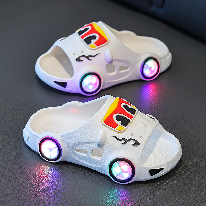 Car print LED light-up non-slip kids slippers for indoor and outdoor use by Bunnie & Minnie