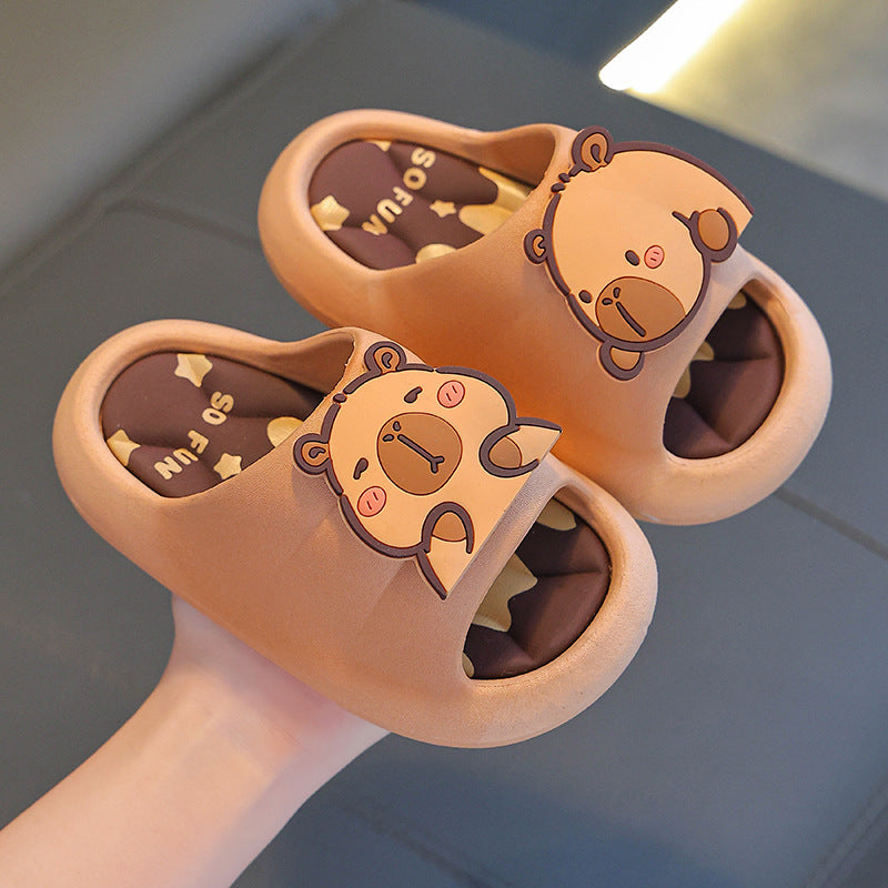 Capybara cartoon summer sandals for kids in earthy tones by Bunnie & Minnie