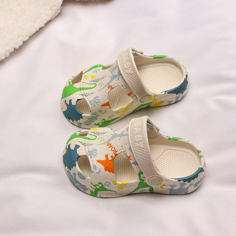 Dinosaur print thick-sole anti-collision kids clogs in multiple colours by Bunnie & Minnie