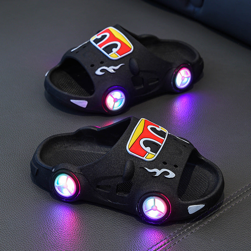 Car print LED light-up non-slip kids slippers for indoor and outdoor use by Bunnie & Minnie