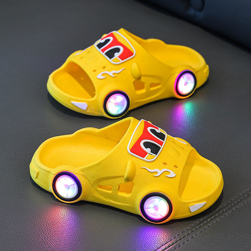 Car print LED light-up non-slip kids slippers for indoor and outdoor use by Bunnie & Minnie