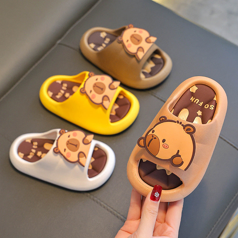 Capybara cartoon summer sandals for kids in earthy tones by Bunnie & Minnie