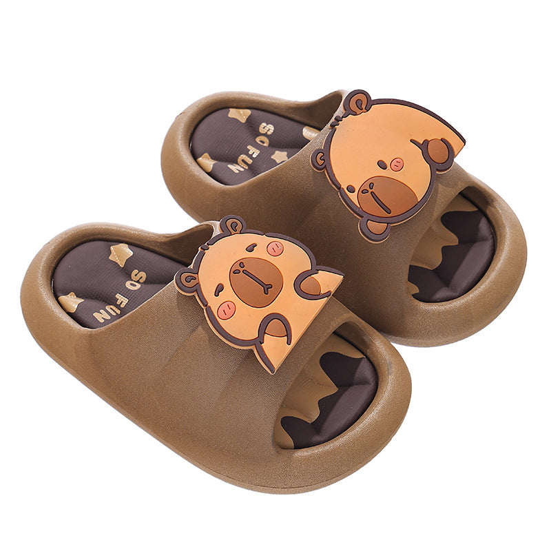 Capybara cartoon summer sandals for kids in earthy tones by Bunnie & Minnie