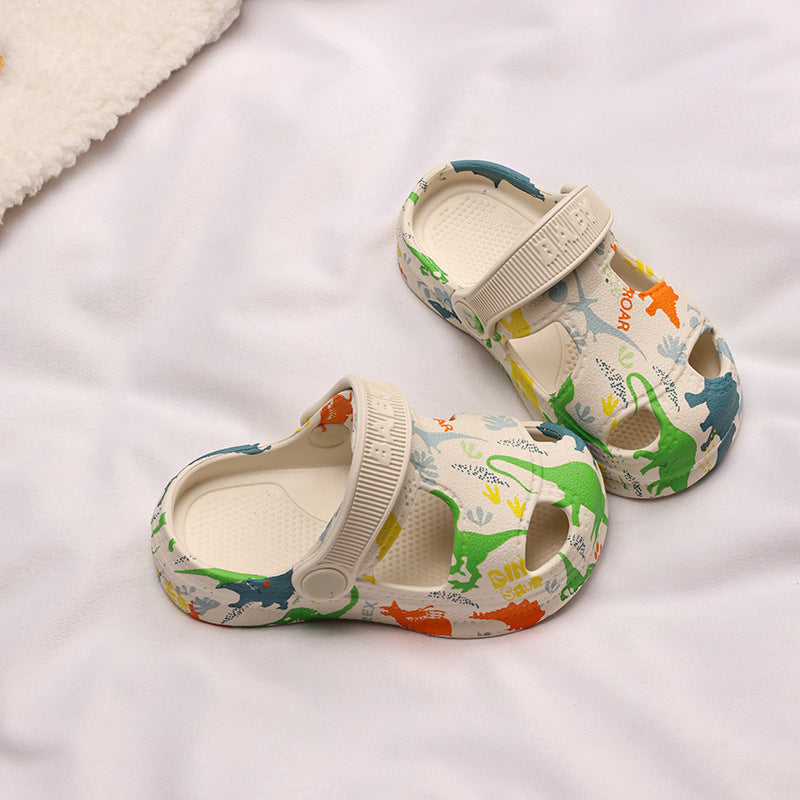 Dinosaur print thick-sole anti-collision kids clogs in multiple colours by Bunnie & Minnie