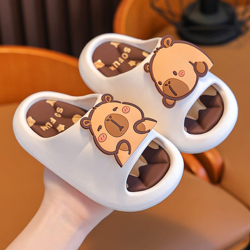 Capybara cartoon summer sandals for kids in earthy tones by Bunnie & Minnie