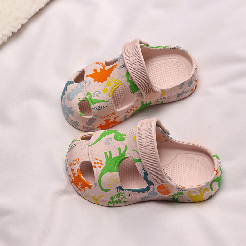 Dinosaur print thick-sole anti-collision kids clogs in multiple colours by Bunnie & Minnie