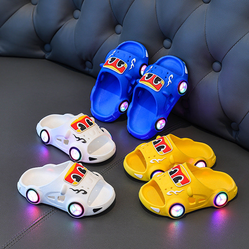 Car print LED light-up non-slip kids slippers for indoor and outdoor use by Bunnie & Minnie