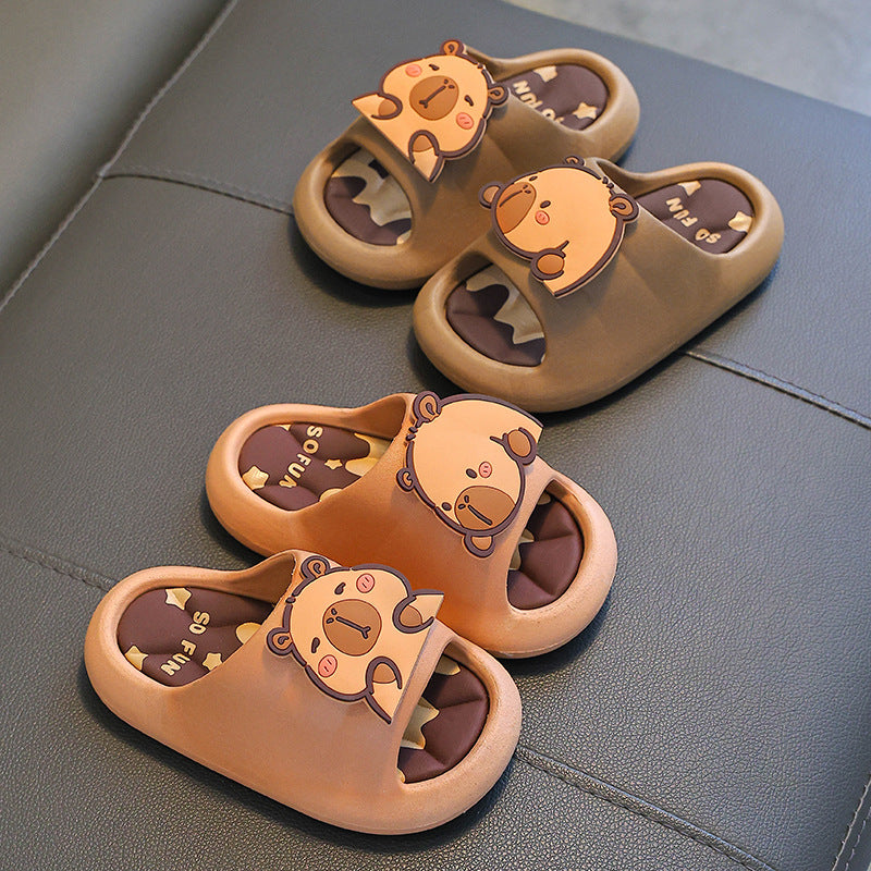 Capybara cartoon summer sandals for kids in earthy tones by Bunnie & Minnie