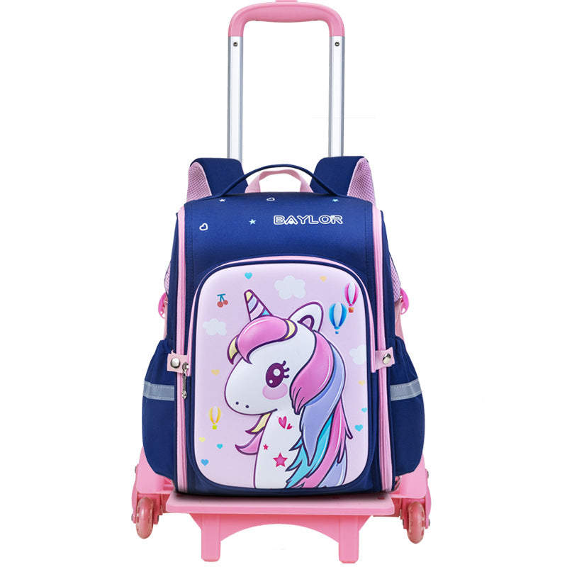 3D cartoon trolley school backpack with removable wheels for primary school kids by Bunnie & Minnie