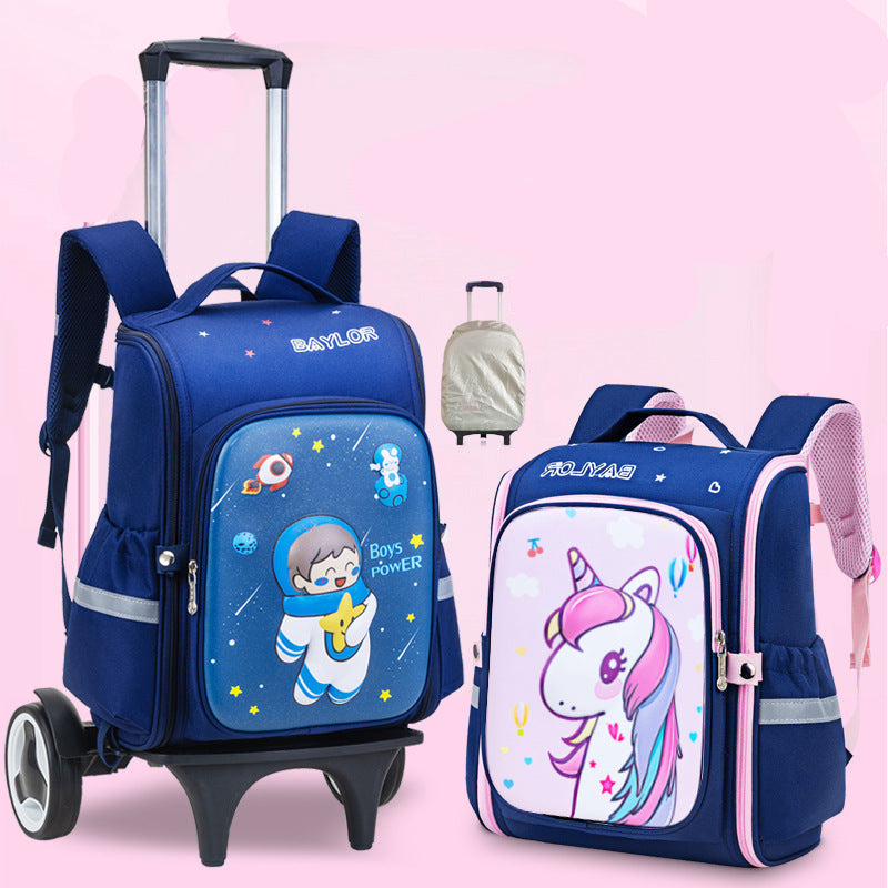 3D cartoon trolley school backpack with removable wheels for primary school kids by Bunnie & Minnie