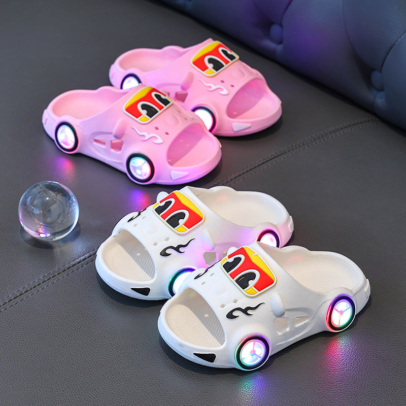 Car print LED light-up non-slip kids slippers for indoor and outdoor use by Bunnie & Minnie