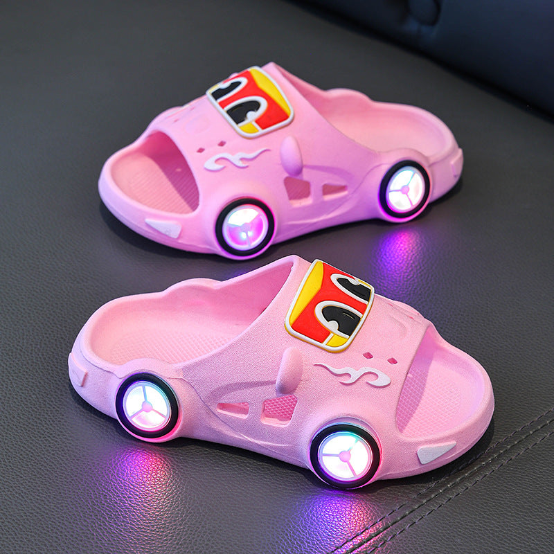 Car print LED light-up non-slip kids slippers for indoor and outdoor use by Bunnie & Minnie