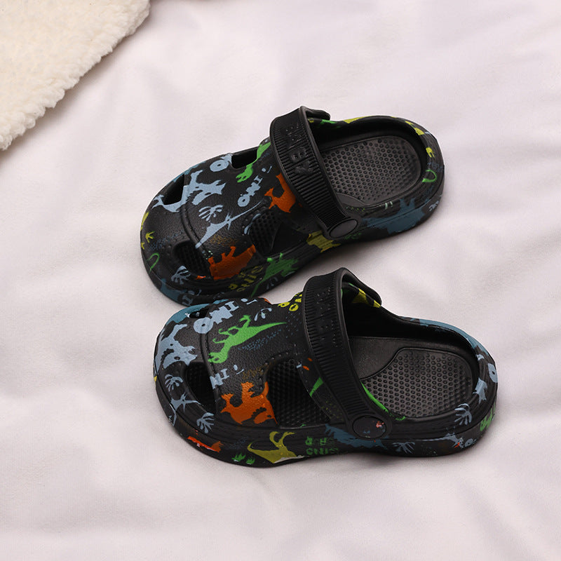 Dinosaur print thick-sole anti-collision kids clogs in multiple colours by Bunnie & Minnie