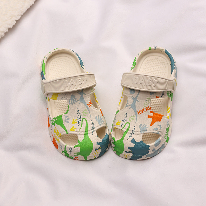 Dinosaur print thick-sole anti-collision kids clogs in multiple colours by Bunnie & Minnie